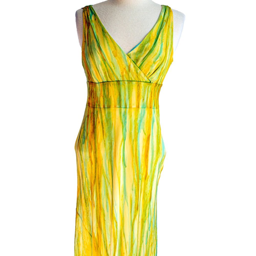 Silk Maxi dress 2 4 6 Summer long yellow green white blue small striped tie dyed